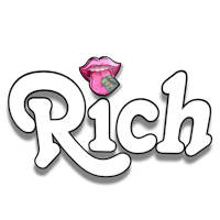 the word rich on a black background with a pink lip